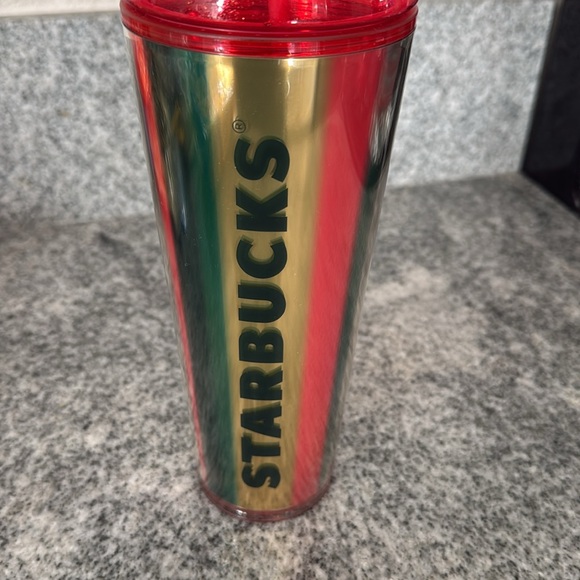 💚NWT❤️Starbucks 2024 Metallic Red, Green & Gold Stripe Cold Cup Dome Tumbler - Picture 2 of 4
